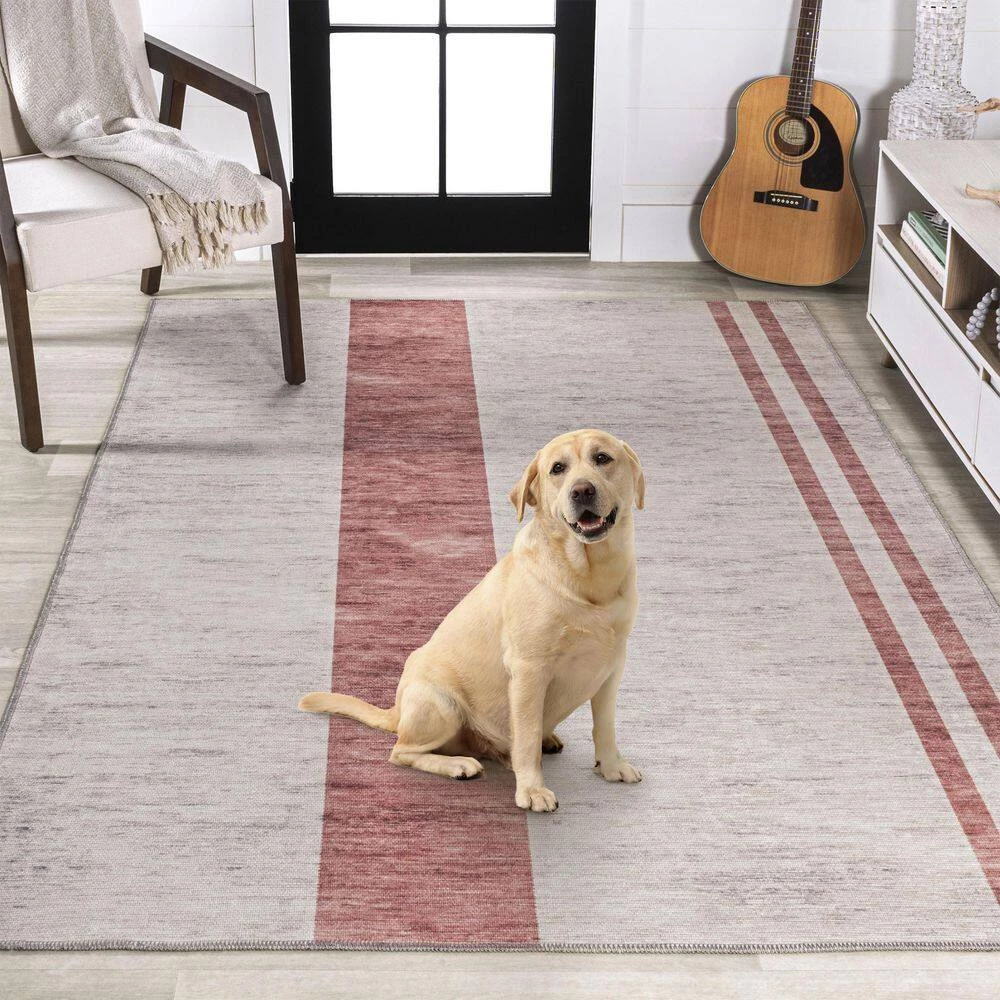 Raita Modern Distressed Stripe Machine-Washable Ivory/Pink 8 ft. x 10 ft. Area Rug by JONATHAN Y - Image 12