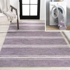 Bande Distressed Ticking Stripe Machine-Washable Lavender/Ivory 8 ft. x 10 ft. Area Rug by JONATHAN Y