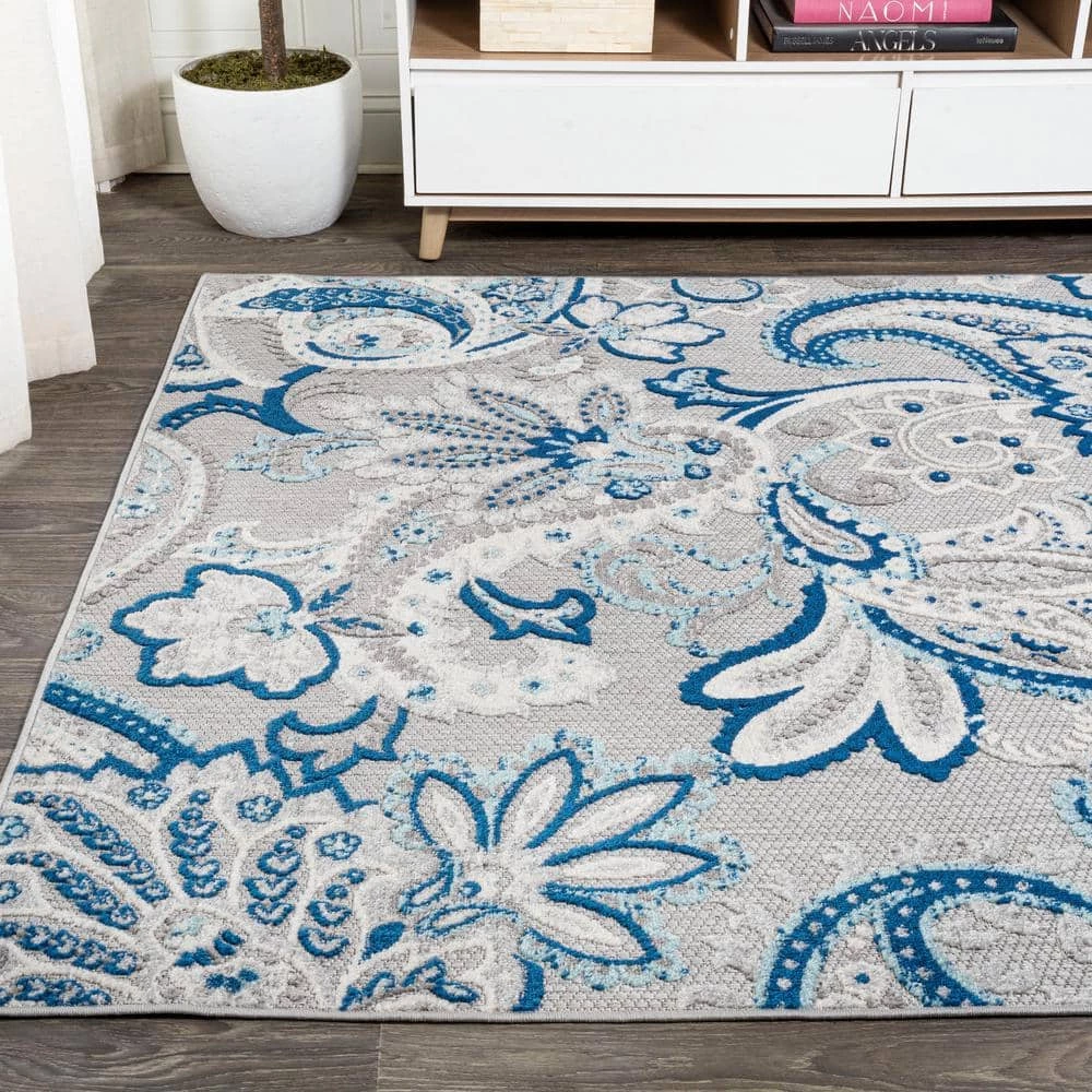 Gordes Paisley High-Low Light Gray/Blue 8 ft. x 10 ft. Indoor/Outdoor Area Rug by JONATHAN Y - Image 5