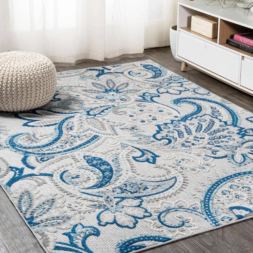 Gordes Paisley High-Low Light Gray/Blue 8 ft. x 10 ft. Indoor/Outdoor Area Rug by JONATHAN Y