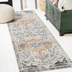 Lorena Ornate Light Gray/Dark Blue/Orange 2 ft. x 8 ft. Boho Medallion Area Rug by JONATHAN Y