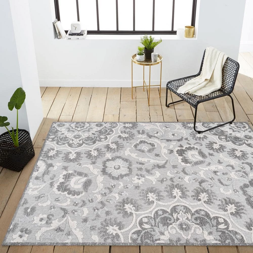 Lucena Modern Medallion High-Low Light Gray/Ivory 8 ft. x 10 ft. Indoor/Outdoor Area Rug by JONATHAN Y - Image 4