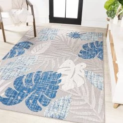 Monstera Tropical Leaf High-Low Light Gray/Navy 8 ft. x 10 ft. Indoor/Outdoor Area Rug by JONATHAN Y