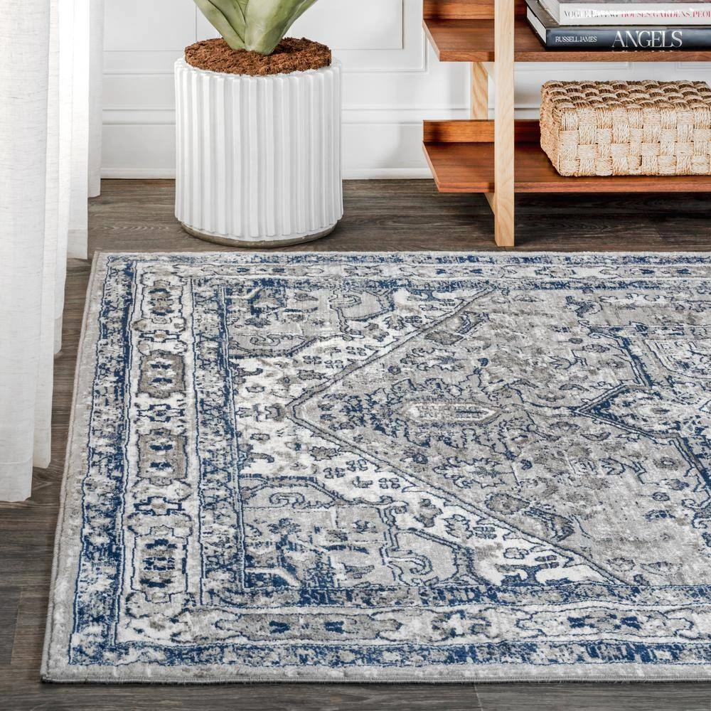 Modern Persian Vintage Grey/Navy 8 ft. x 10 ft. Medallion Light Area Rug by JONATHAN Y - Image 3