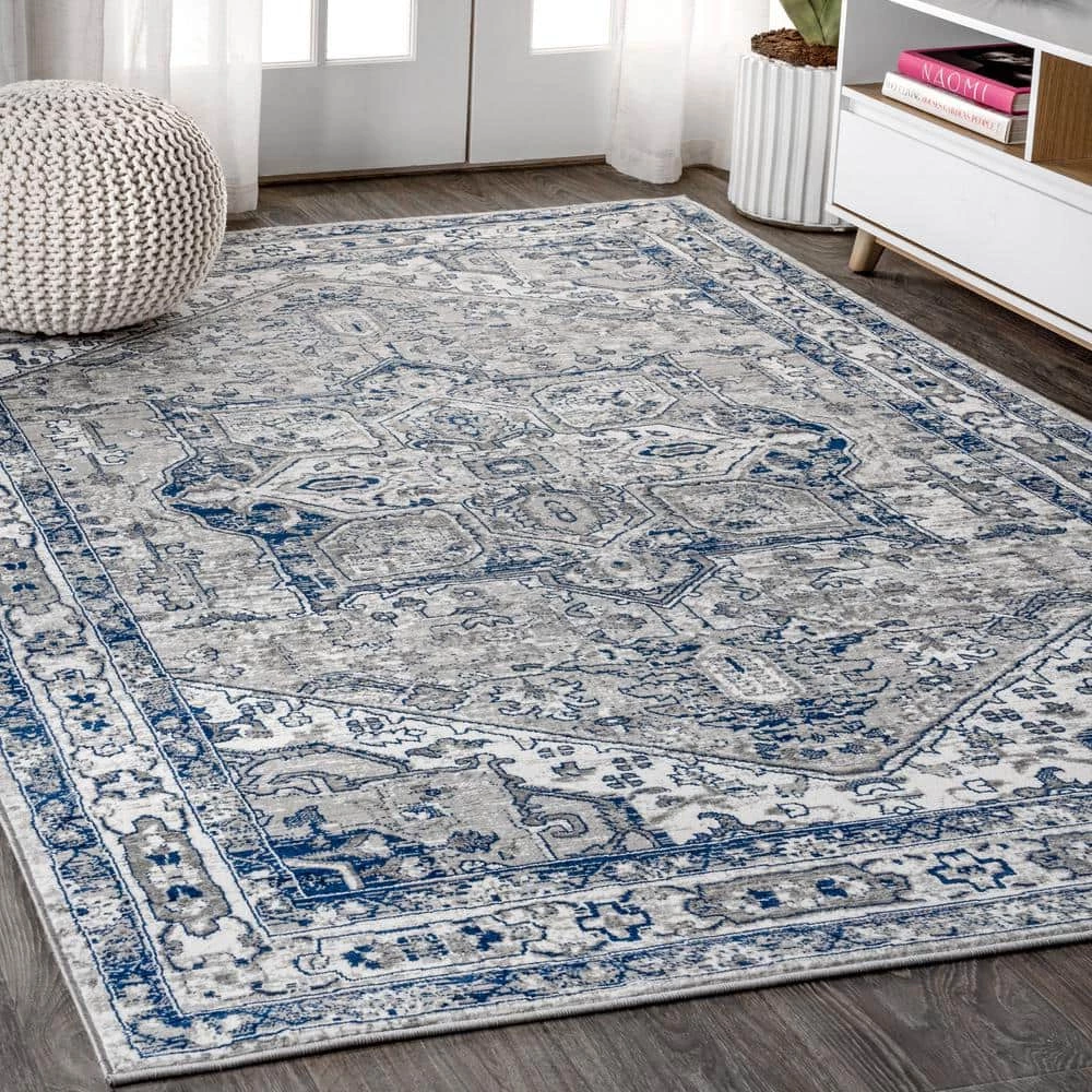 Modern Persian Vintage Grey/Navy 8 ft. x 10 ft. Medallion Light Area Rug by JONATHAN Y - Image 2