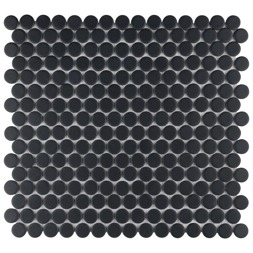 Hudson Penny Round Matte Black 12 in. x 12-5/8 in. x 5 mm Porcelain Mosaic Tile (10.74 sq. ft. / case) by Merola Tile