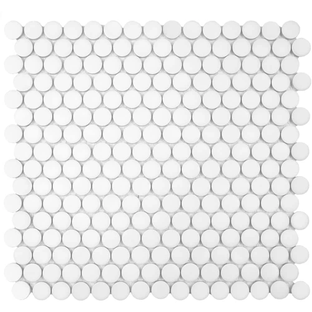 Hudson Penny Round Matte White 12 in. x 12-5/8 in. x 5 mm Porcelain Mosaic Tile (10.74 sq. ft. / case) by Merola Tile