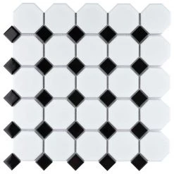 Metro Octagon Matte White w/Black Dot 11-1/2 in. x 11-1/2 in. Porcelain Mosaic (9.38 sq. ft. /Case) by Merola Tile