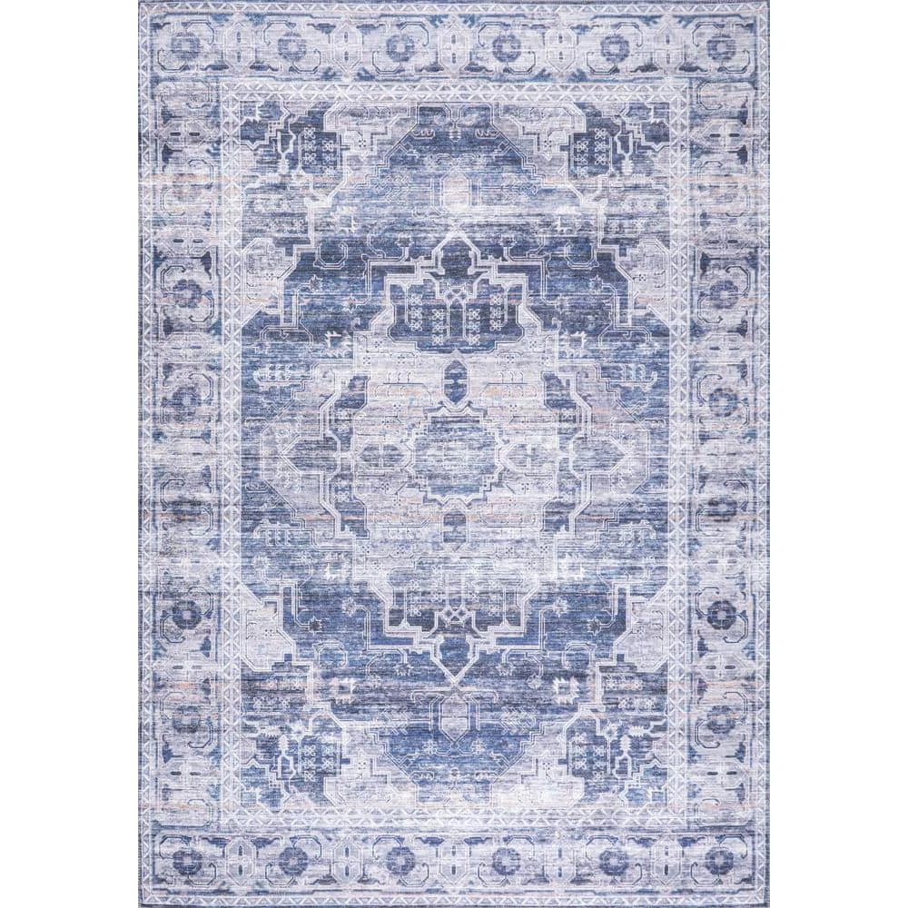Alanya Ornate Navy/Cream 5 ft. x 8 ft. Medallion Machine Washable Indoor Area Rug by JONATHAN Y