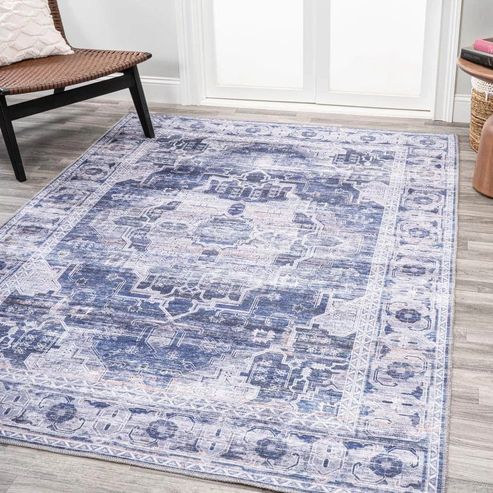 Alanya Ornate Navy/Cream 5 ft. x 8 ft. Medallion Machine Washable Indoor Area Rug by JONATHAN Y - Image 2
