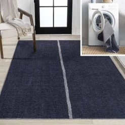 Linja Solid Centre Stripe Machine-Washable Navy/Ivory 8 ft. x 10 ft. Area Rug by JONATHAN Y