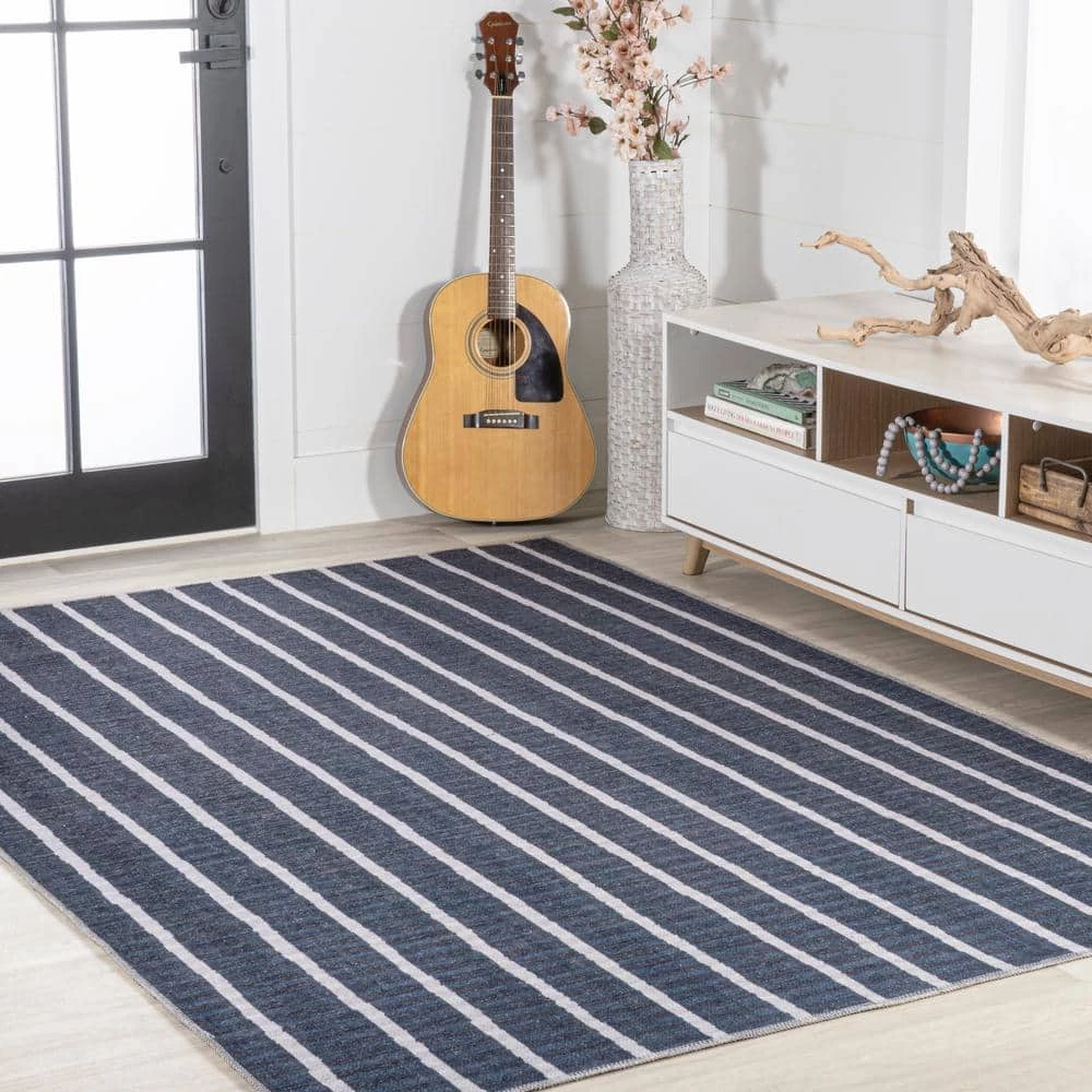 Rand Distressed Ticking Stripe Machine-Washable Navy/Ivory 9 ft. x 12 ft. Area Rug by JONATHAN Y - Image 5