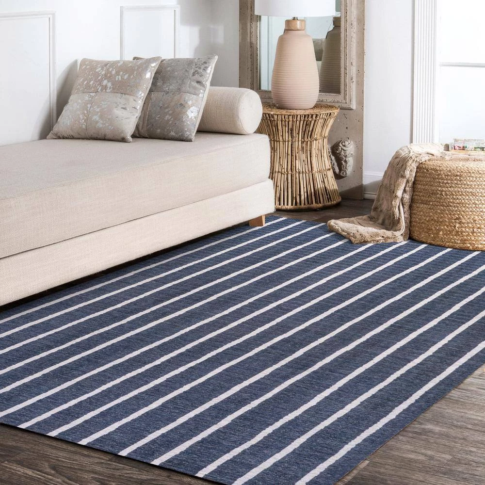 Rand Distressed Ticking Stripe Machine-Washable Navy/Ivory 9 ft. x 12 ft. Area Rug by JONATHAN Y - Image 9