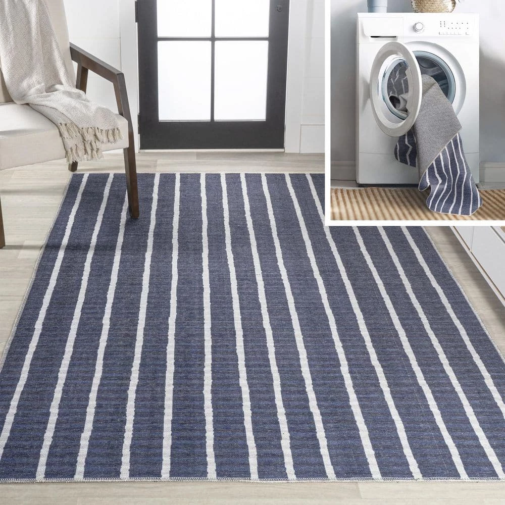 Rand Distressed Ticking Stripe Machine-Washable Navy/Ivory 9 ft. x 12 ft. Area Rug by JONATHAN Y