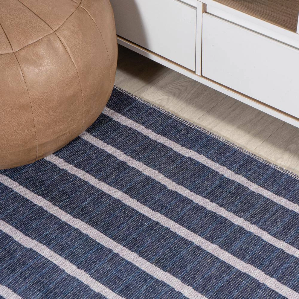 Rand Distressed Ticking Stripe Machine-Washable Navy/Ivory 9 ft. x 12 ft. Area Rug by JONATHAN Y - Image 6