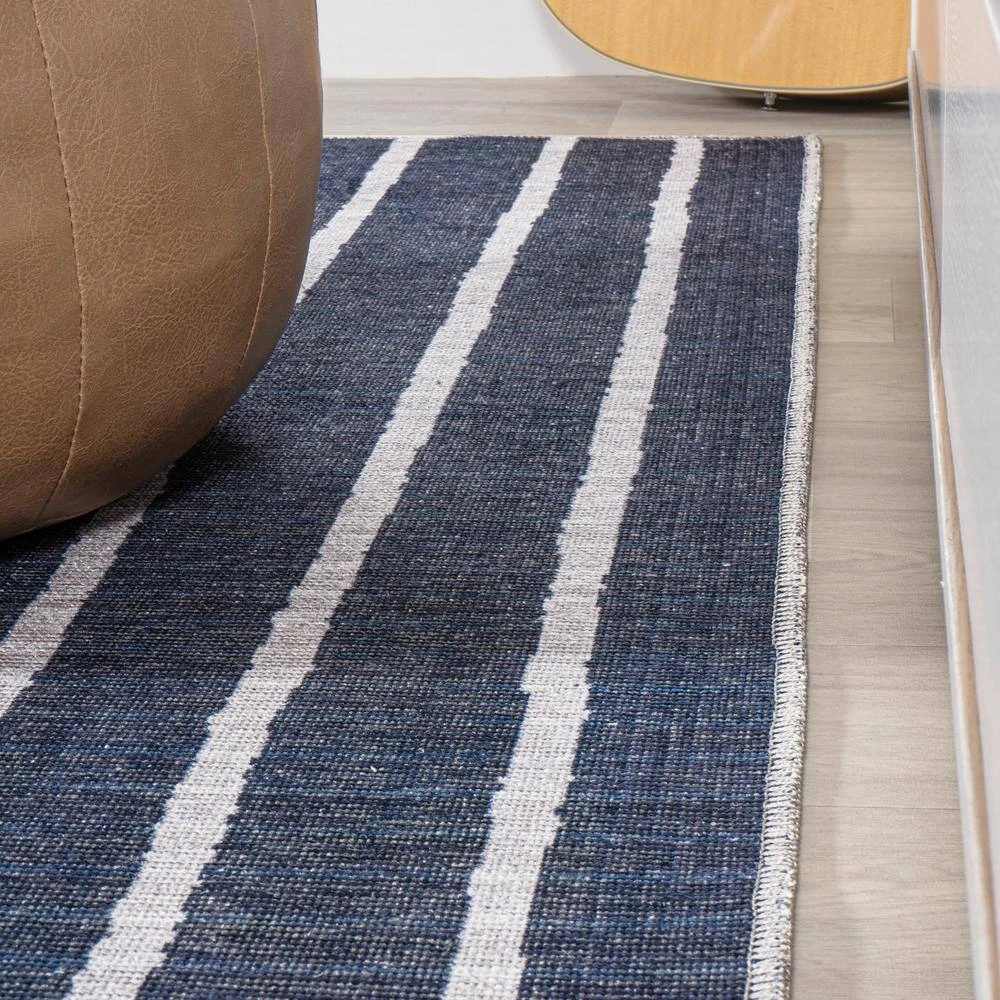 Rand Distressed Ticking Stripe Machine-Washable Navy/Ivory 9 ft. x 12 ft. Area Rug by JONATHAN Y - Image 7
