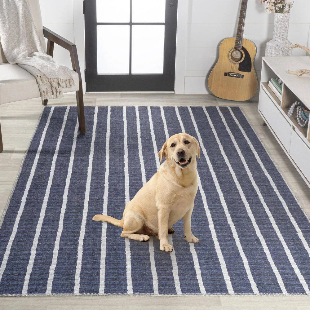 Rand Distressed Ticking Stripe Machine-Washable Navy/Ivory 9 ft. x 12 ft. Area Rug by JONATHAN Y - Image 12
