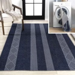 Nautisk Trellis Stripe Machine-Washable Navy/Ivory 9 ft. x 12 ft. Area Rug by JONATHAN Y