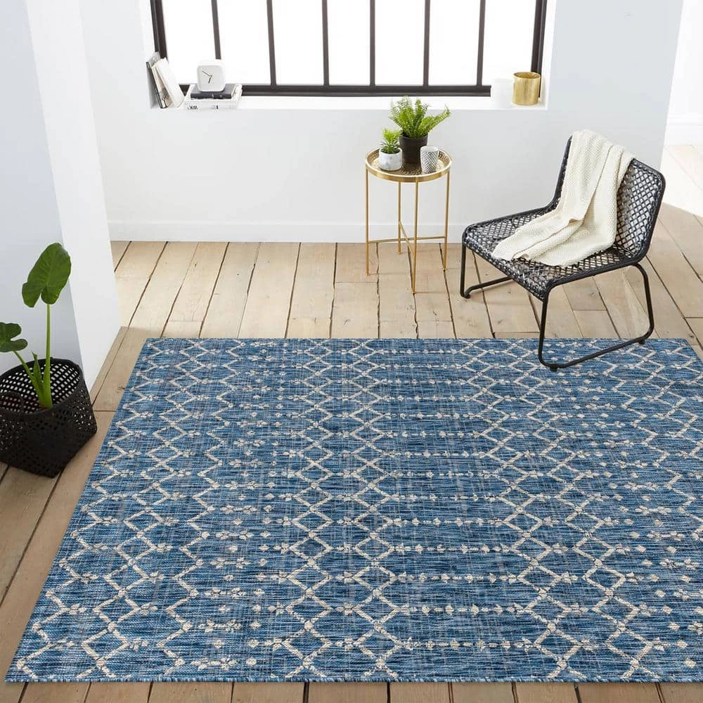 Ourika Moroccan Navy/Light Gray 7 ft. 9 in. x 10 ft. Geometric Textured Weave Indoor/Outdoor Area Rug by JONATHAN Y - Image 4