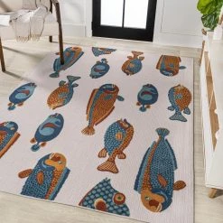 Algarve Modern Fish High-Low Navy/Orange/Cream 8 ft. x 10 ft. Indoor/Outdoor Area Rug by JONATHAN Y