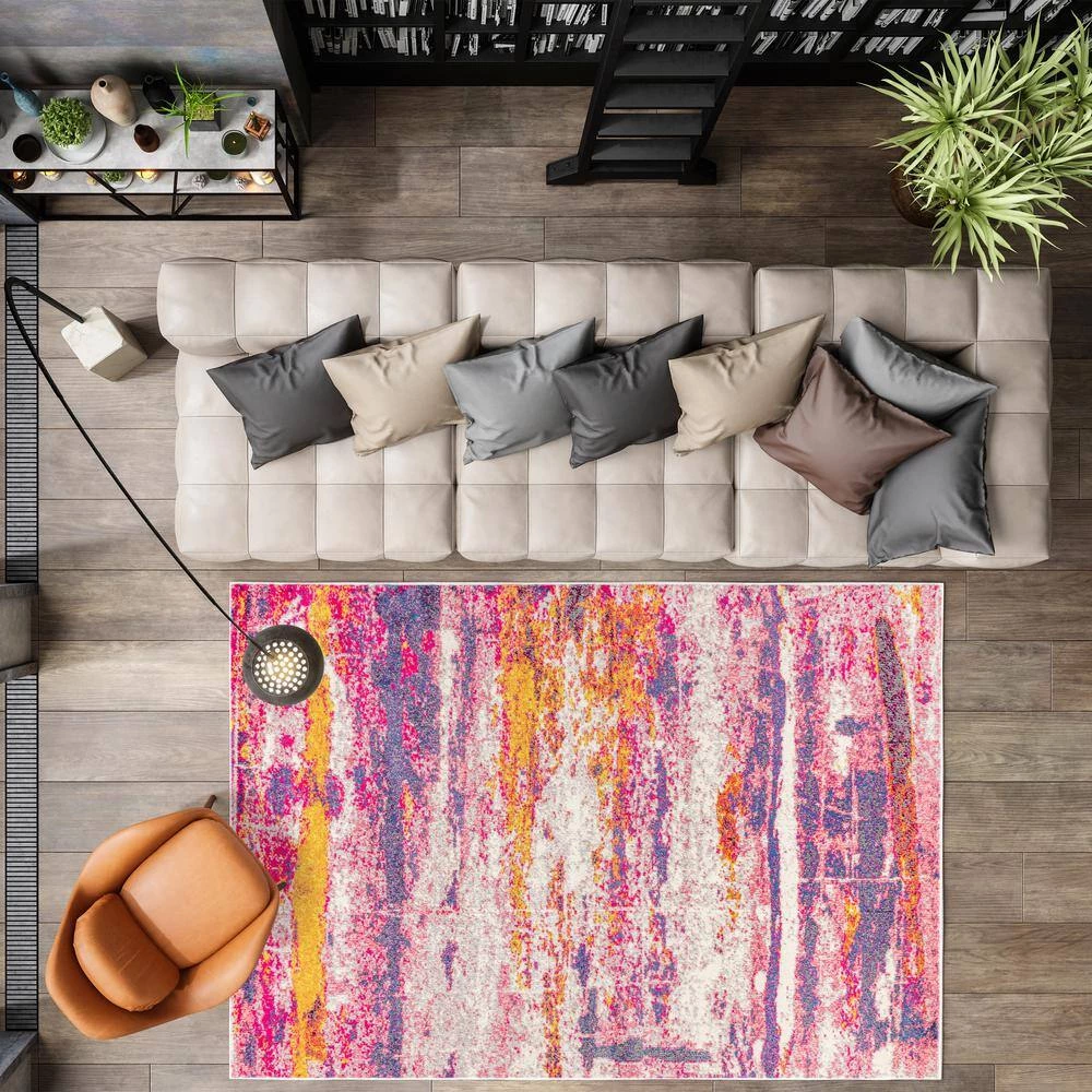 Contemporary Pop Modern Abstract Brushstroke Pink/Cream 8 ft. x 10 ft. Area Rug by JONATHAN Y - Image 3