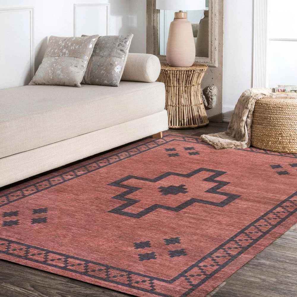 Korsa Geometric Medallion Machine-Washable Red/Black 5 ft. x 8 ft. Area Rug by JONATHAN Y - Image 9