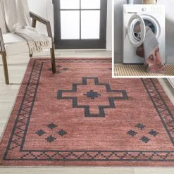 Korsa Geometric Medallion Machine-Washable Red/Black 5 ft. x 8 ft. Area Rug by JONATHAN Y