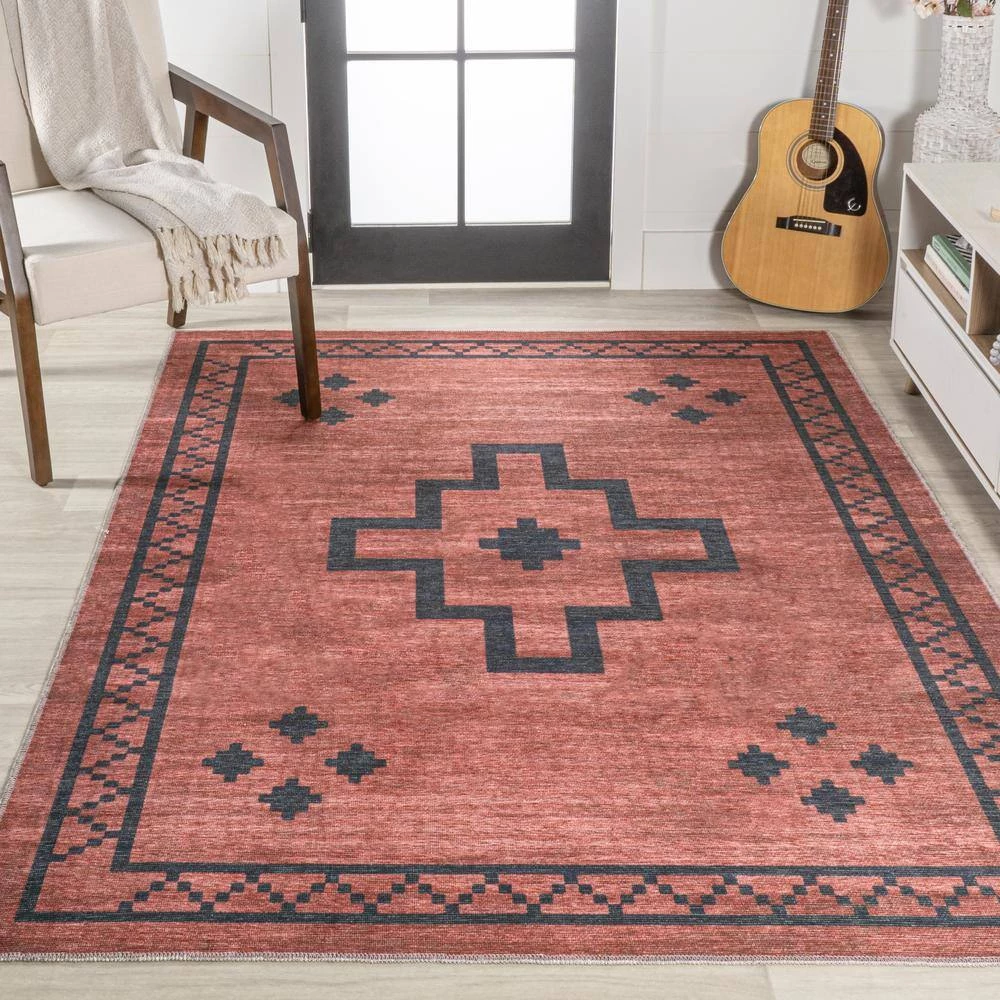 Korsa Geometric Medallion Machine-Washable Red/Black 5 ft. x 8 ft. Area Rug by JONATHAN Y - Image 4