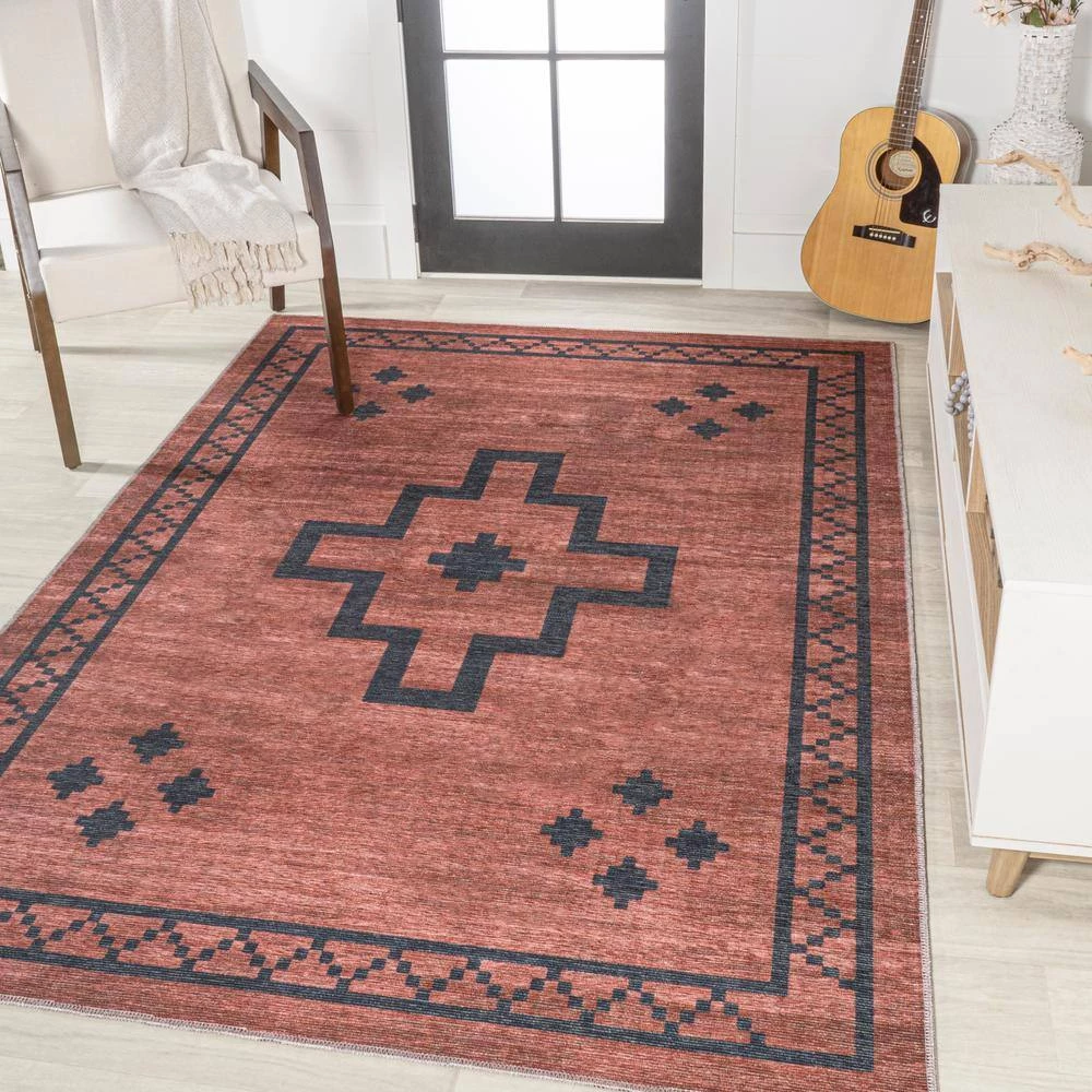 Korsa Geometric Medallion Machine-Washable Red/Black 5 ft. x 8 ft. Area Rug by JONATHAN Y - Image 2