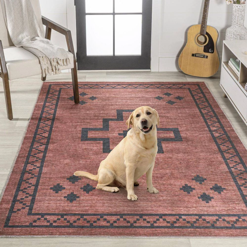 Korsa Geometric Medallion Machine-Washable Red/Black 5 ft. x 8 ft. Area Rug by JONATHAN Y - Image 12