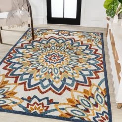 Flora Abstract Bold Mandala High-Low Red/Blue/Yellow 8 ft. x 10 ft. Indoor/Outdoor Area Rug by JONATHAN Y