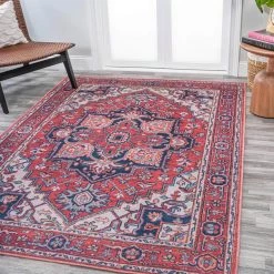 Cirali Ornate Red/Navy 5 ft. x 8 ft. Large Medallion Machine Washable Indoor Area Rug by JONATHAN Y