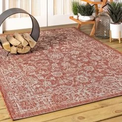 Tela Red/Taupe 9 ft. x 12 ft. Bohemian Textured Weave Floral Indoor/Outdoor Area Rug by JONATHAN Y