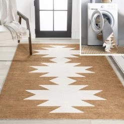 Chayton Minimalist Geometric Machine-Washable Rust/Cream 8 ft. x 10 ft. Area Rug by JONATHAN Y