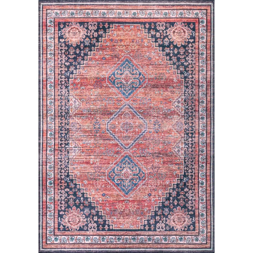 Dalyan Geometric Terra/Navy 8 ft. x 10 ft. Medallions Machine Washable Indoor Area Rug by JONATHAN Y