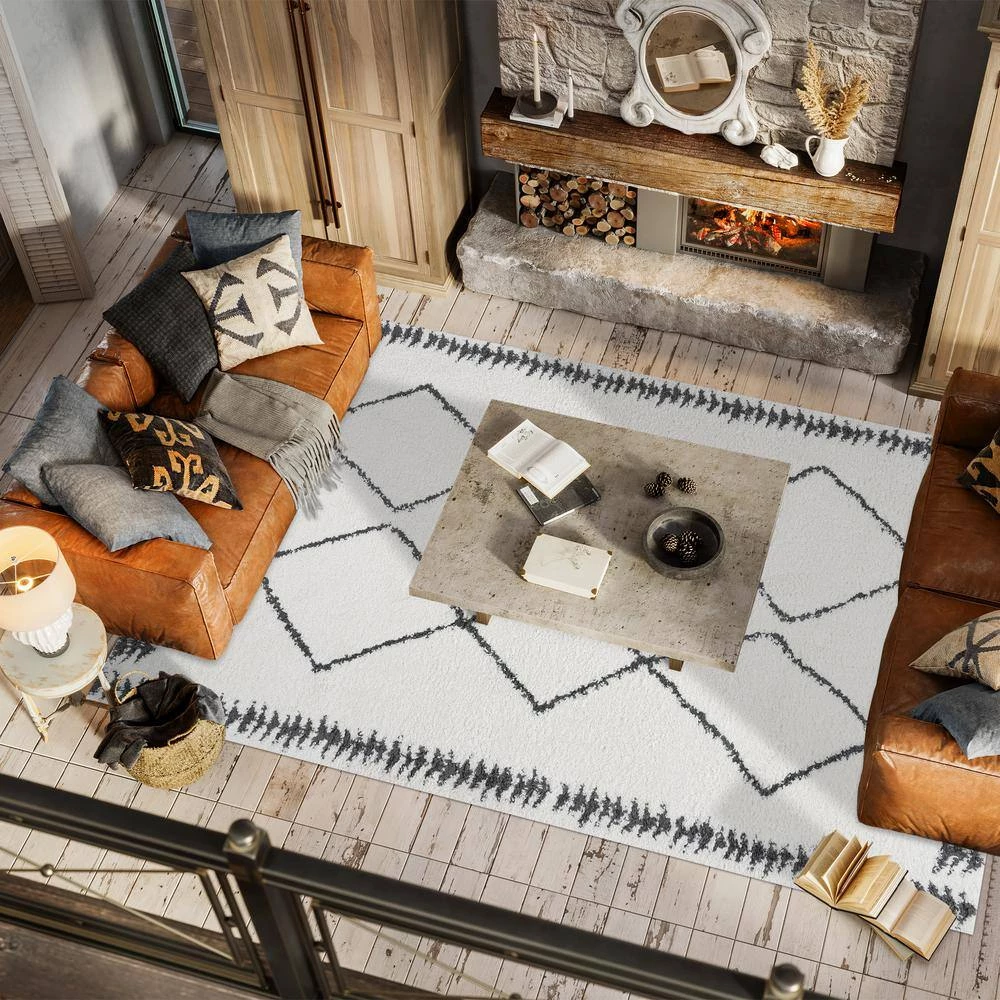 Calvia Moroccan Diamond Shag White/Black 5 ft. x 8 ft. Area Rug by JONATHAN Y - Image 3