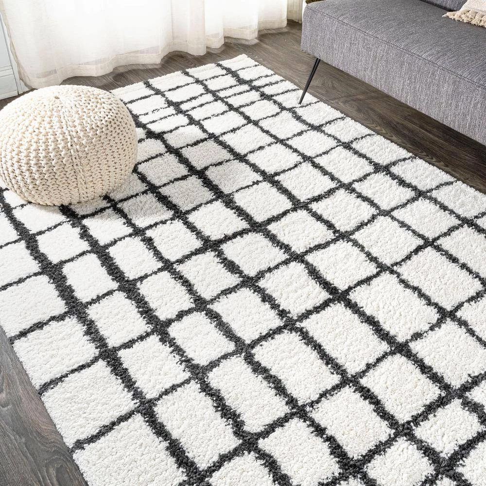Arenal Geometric Grid Shag White/Black 8 ft. x 10 ft. Area Rug by JONATHAN Y - Image 5