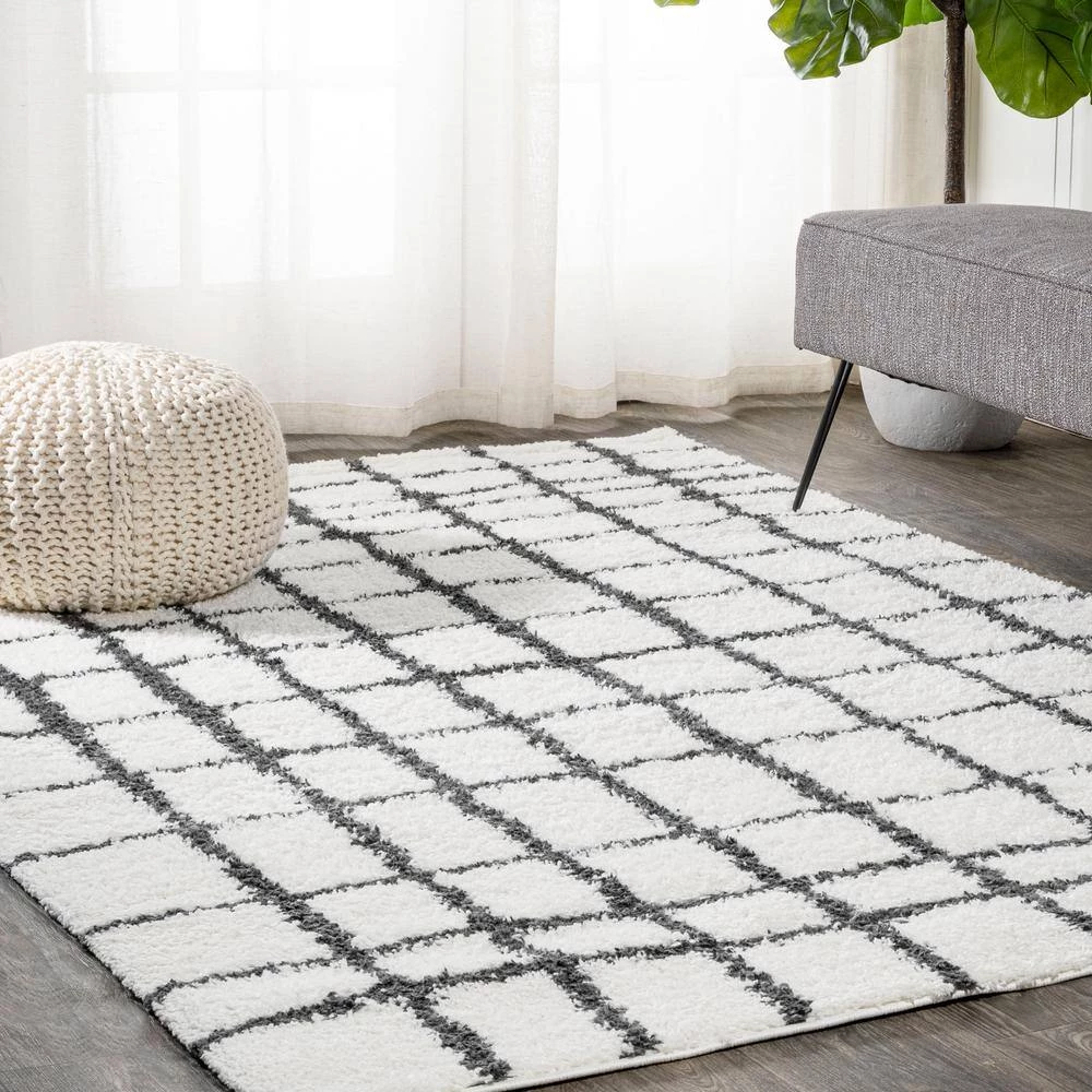Arenal Geometric Grid Shag White/Black 8 ft. x 10 ft. Area Rug by JONATHAN Y - Image 2