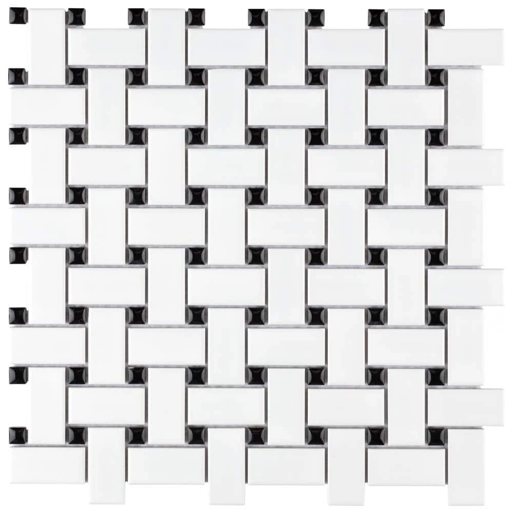Metro Basketweave White w/Black Dot 11-3/4 in. x 11-3/4 in. Porcelain Mosaic Tile (9.8 sq. ft./Case) by Merola Tile