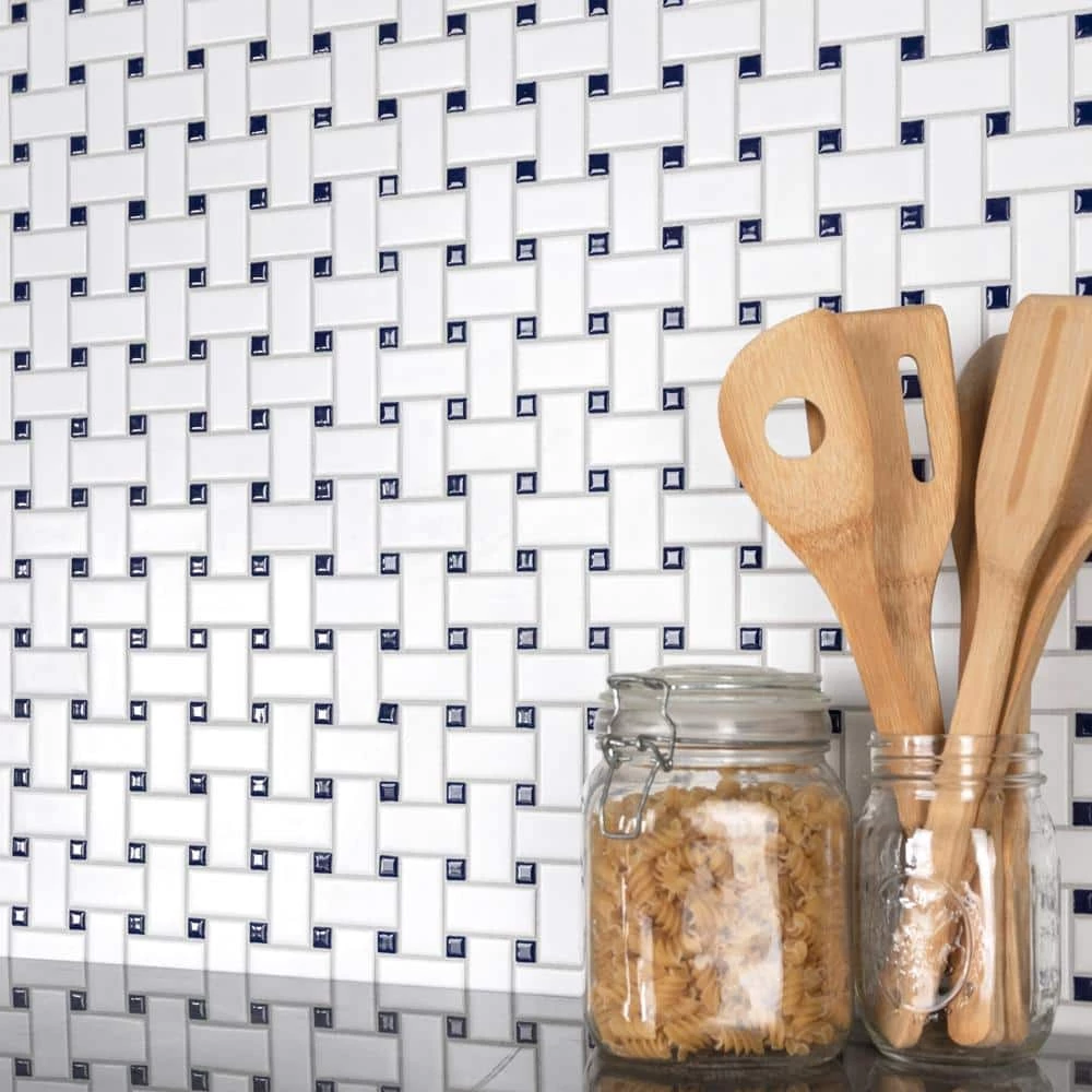 Metro Basketweave White w/ Glossy Cobalt Dot 11-3/4 in. x 11-3/4 in. Porcelain Mosaic Tile (9.8 sq. ft./Case) by Merola Tile - Image 10