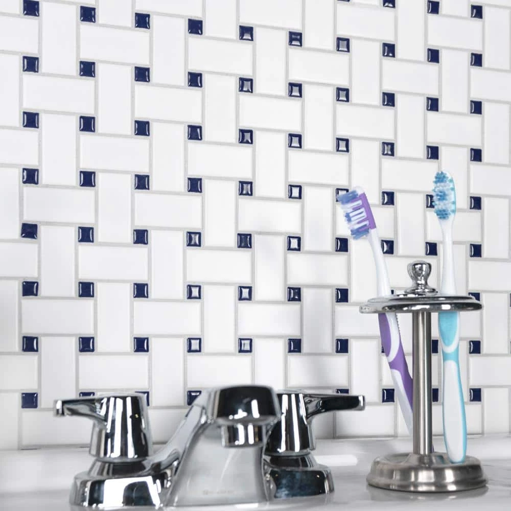Metro Basketweave White w/ Glossy Cobalt Dot 11-3/4 in. x 11-3/4 in. Porcelain Mosaic Tile (9.8 sq. ft./Case) by Merola Tile - Image 3