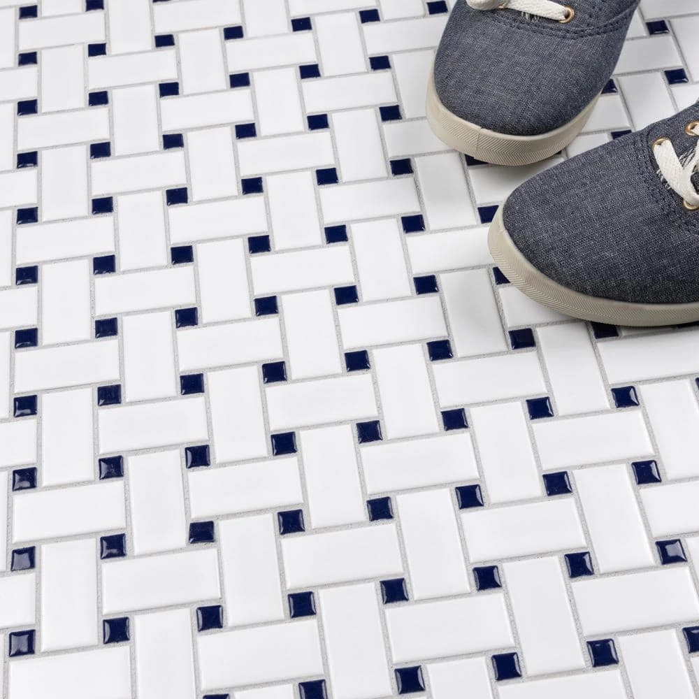 Metro Basketweave White w/ Glossy Cobalt Dot 11-3/4 in. x 11-3/4 in. Porcelain Mosaic Tile (9.8 sq. ft./Case) by Merola Tile - Image 11