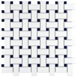 Metro Basketweave White w/ Glossy Cobalt Dot 11-3/4 in. x 11-3/4 in. Porcelain Mosaic Tile (9.8 sq. ft./Case) by Merola Tile