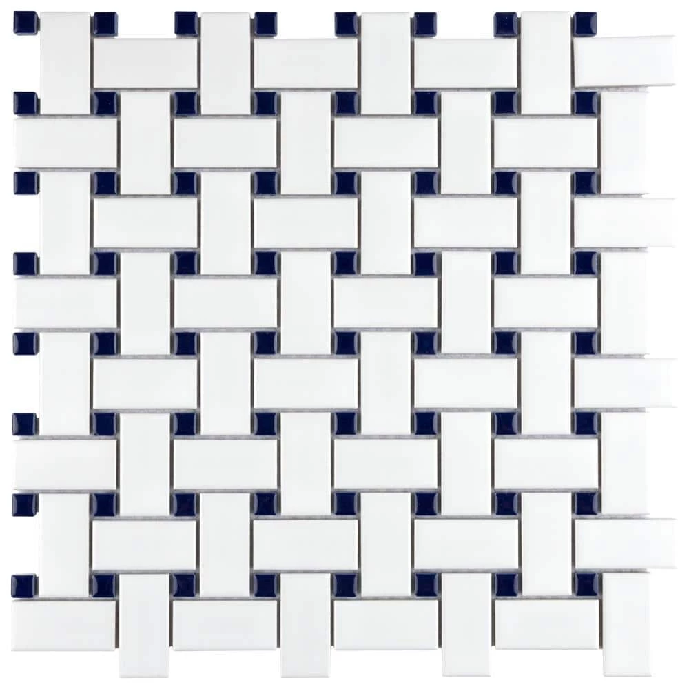 Metro Basketweave White w/ Glossy Cobalt Dot 11-3/4 in. x 11-3/4 in. Porcelain Mosaic Tile (9.8 sq. ft./Case) by Merola Tile