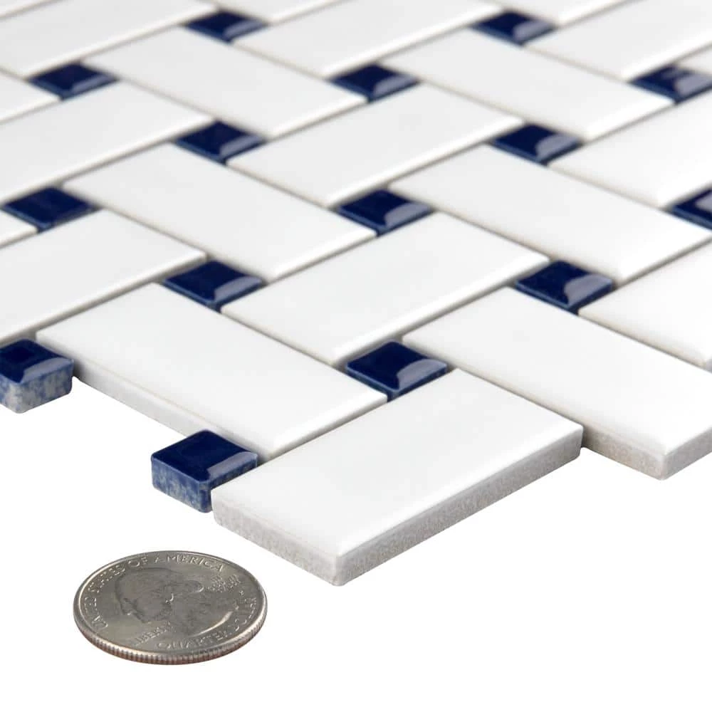 Metro Basketweave White w/ Glossy Cobalt Dot 11-3/4 in. x 11-3/4 in. Porcelain Mosaic Tile (9.8 sq. ft./Case) by Merola Tile - Image 7
