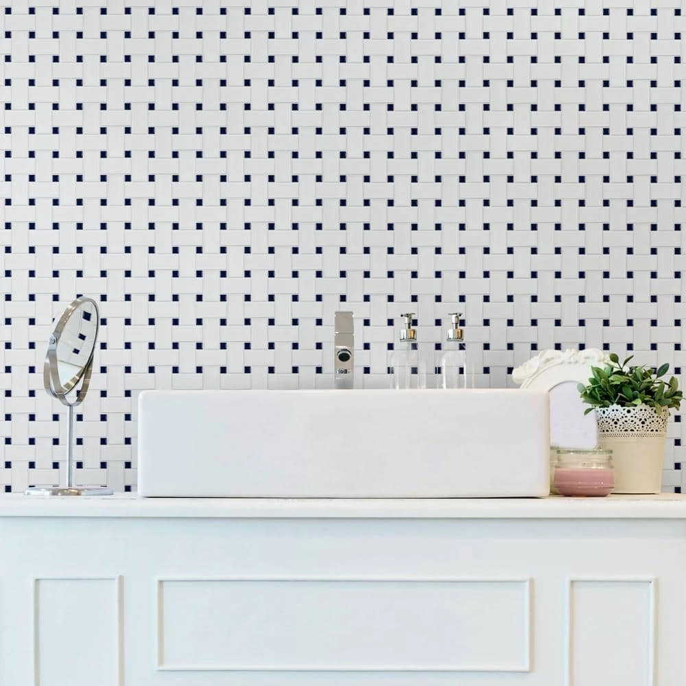 Metro Basketweave White w/ Glossy Cobalt Dot 11-3/4 in. x 11-3/4 in. Porcelain Mosaic Tile (9.8 sq. ft./Case) by Merola Tile - Image 2