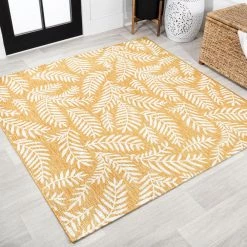 Nevis Palm Frond Yellow/Cream 5 ft. Square Indoor/Outdoor Area Rug by JONATHAN Y